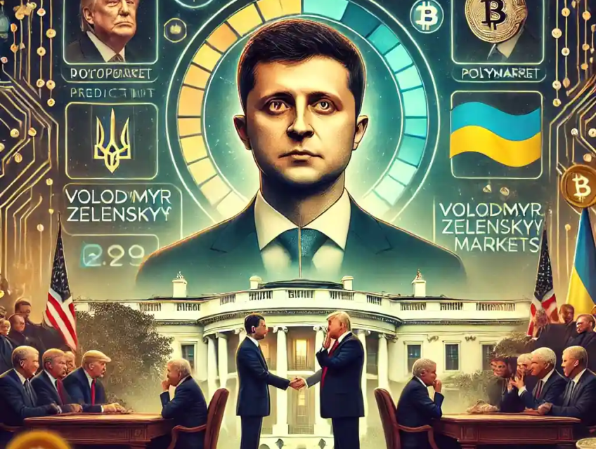 An illustration featuring a digital prediction market interface showing betting odds on Zelenskyy’s early departure, with geopolitical and crypto market elements in the background.