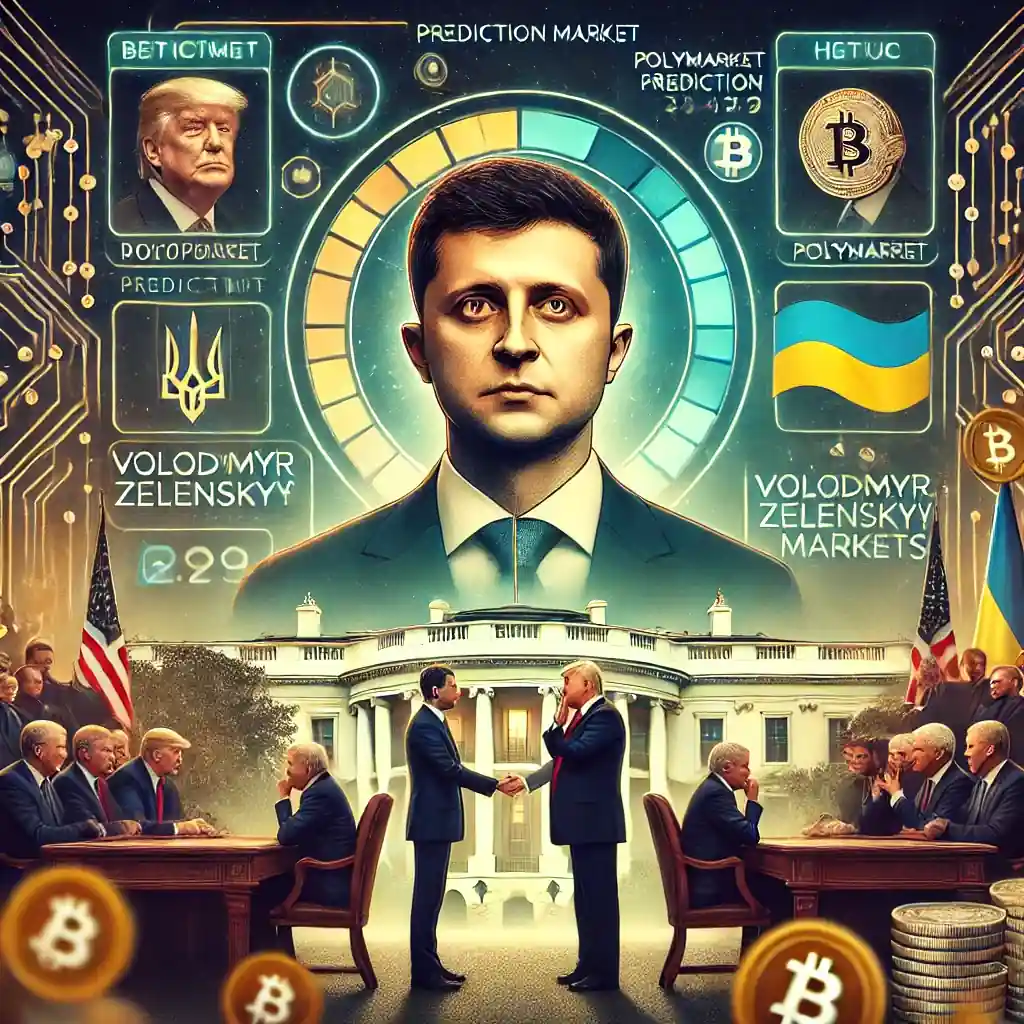 An illustration featuring a digital prediction market interface showing betting odds on Zelenskyy’s early departure, with geopolitical and crypto market elements in the background.