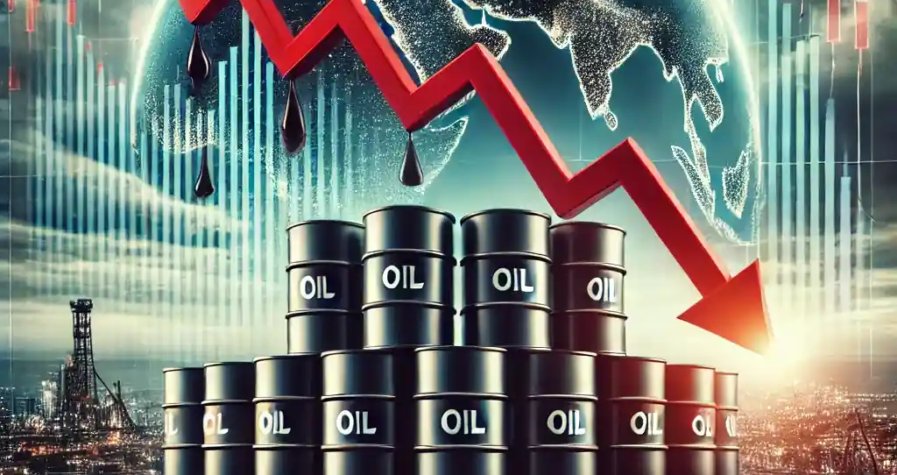A digital illustration of oil barrels with red arrows and a falling market chart symbolizing a global oil price collapse.