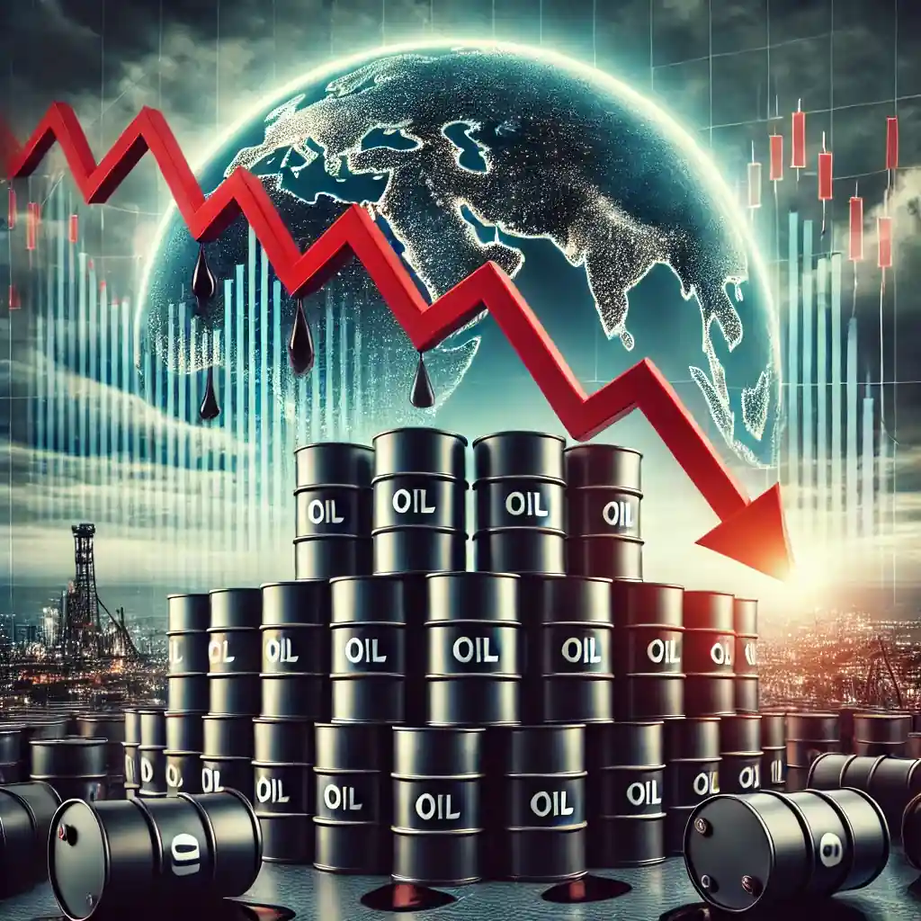 A digital illustration of oil barrels with red arrows and a falling market chart symbolizing a global oil price collapse.