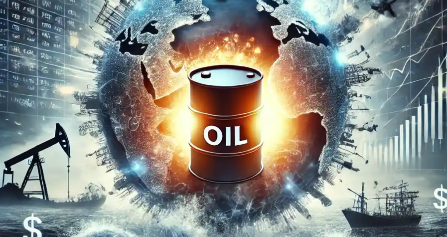 Dramatic digital illustration of an oil barrel surrounded by volatile stock charts, trade ships, and global currency symbols reflecting geopolitical oil market tension.
