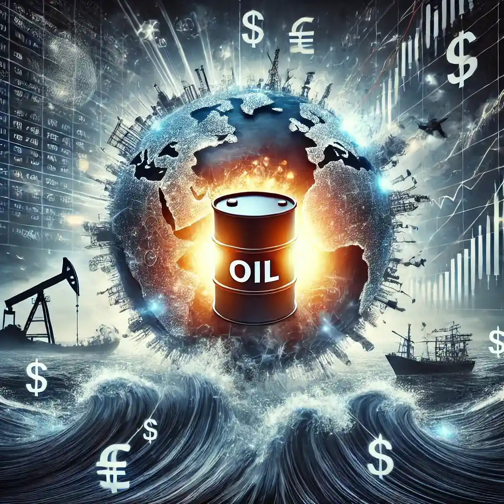 Dramatic digital illustration of an oil barrel surrounded by volatile stock charts, trade ships, and global currency symbols reflecting geopolitical oil market tension.