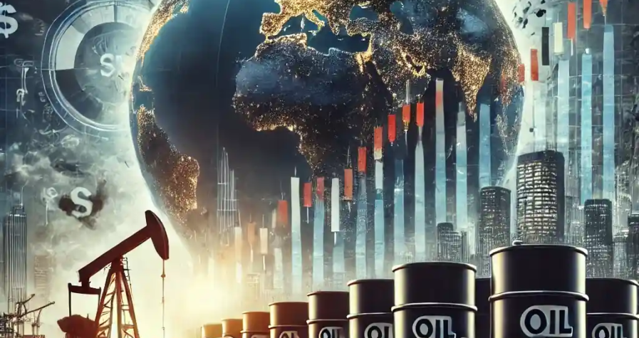 Digital illustration of global oil market volatility with oil barrels, trade papers in the wind, and geopolitical regions highlighted on a globe.
