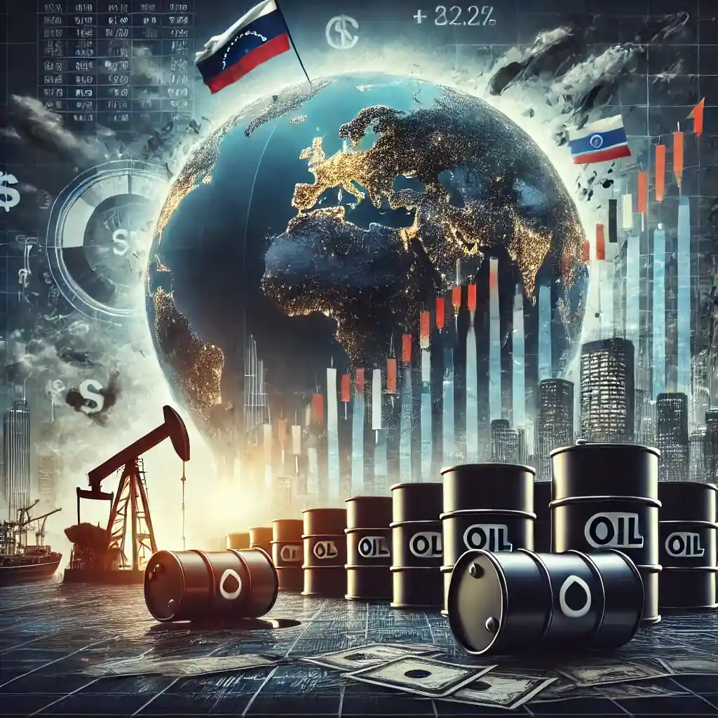 Digital illustration of global oil market volatility with oil barrels, trade papers in the wind, and geopolitical regions highlighted on a globe.