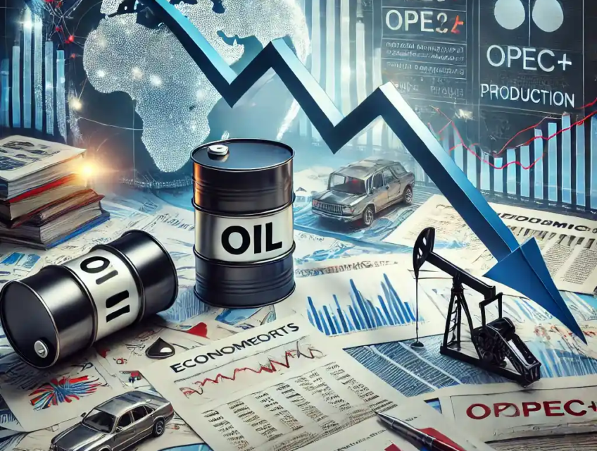 An illustration showing a downward-sloping oil price graph with oil barrels and fuel pumps, alongside economic reports, trade tariff documents, and OPEC+ production charts.