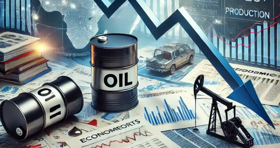 An illustration showing a downward-sloping oil price graph with oil barrels and fuel pumps, alongside economic reports, trade tariff documents, and OPEC+ production charts.