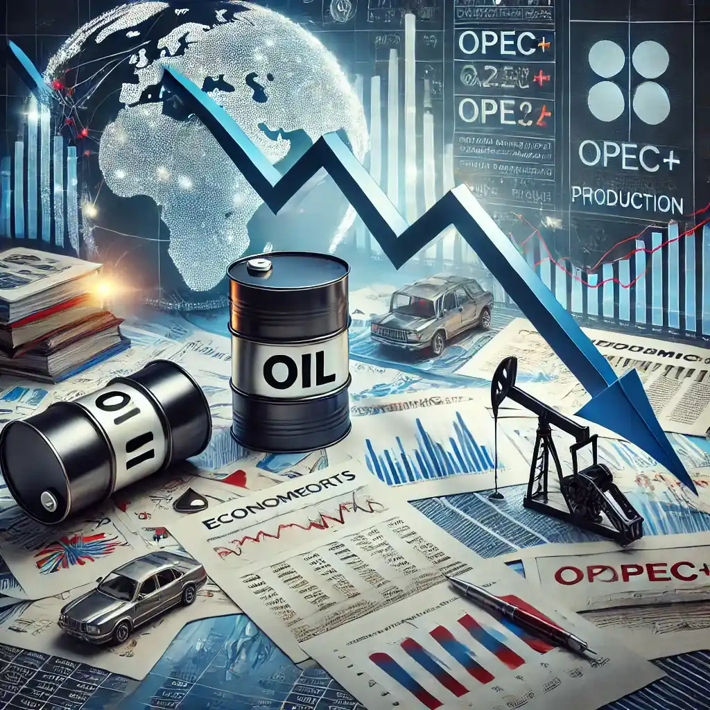 An illustration showing a downward-sloping oil price graph with oil barrels and fuel pumps, alongside economic reports, trade tariff documents, and OPEC+ production charts.