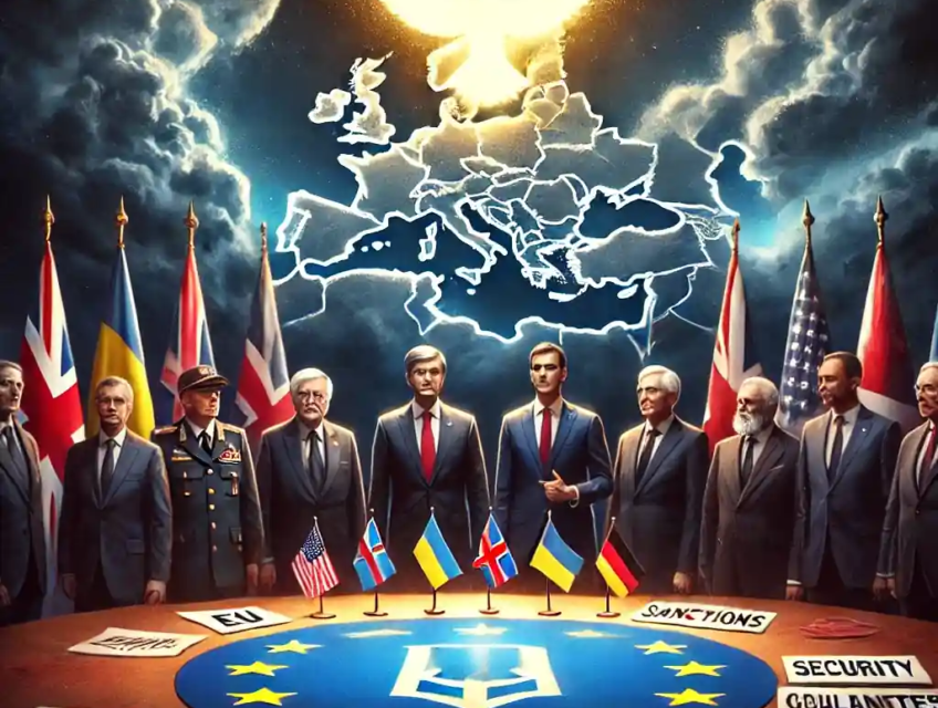 Symbolic illustration of allied nations applying diplomatic pressure on Russia, with Ukraine highlighted on a map and peace dove overhead.