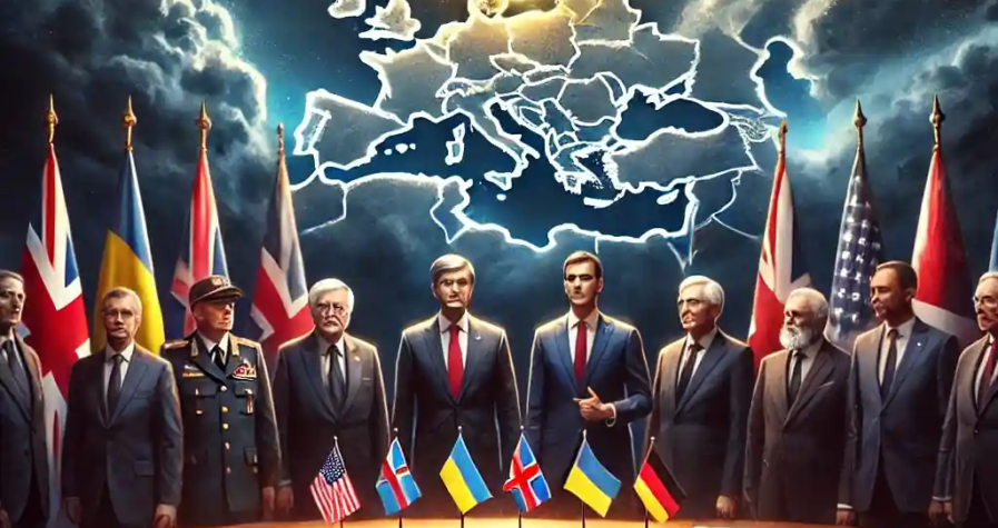 Symbolic illustration of allied nations applying diplomatic pressure on Russia, with Ukraine highlighted on a map and peace dove overhead.