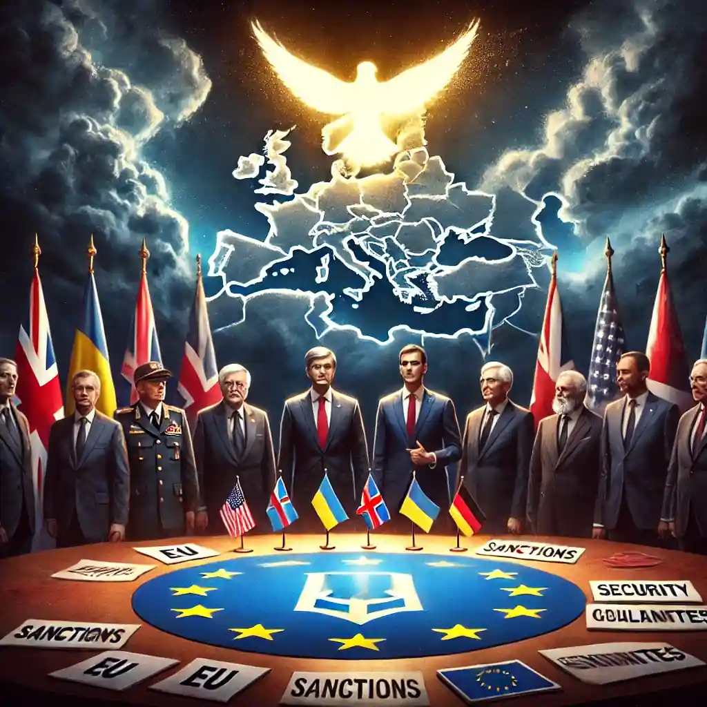 Symbolic illustration of allied nations applying diplomatic pressure on Russia, with Ukraine highlighted on a map and peace dove overhead.