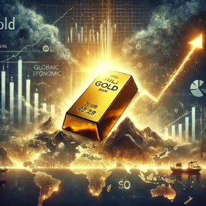 A glowing gold bar rises through stormy financial skies, symbolizing gold's strength during economic uncertainty.