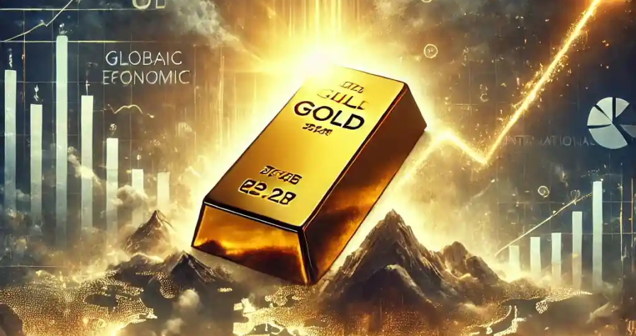 A glowing gold bar rises through stormy financial skies, symbolizing gold's strength during economic uncertainty.