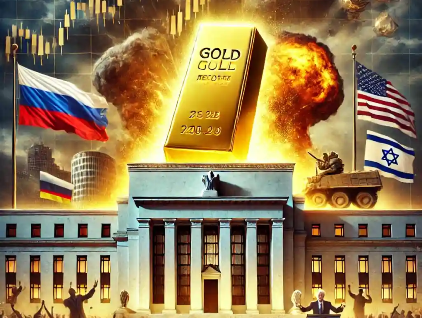 Illustration of a glowing gold bar rising through a stormy sky with geopolitical conflict in the background and traders watching.