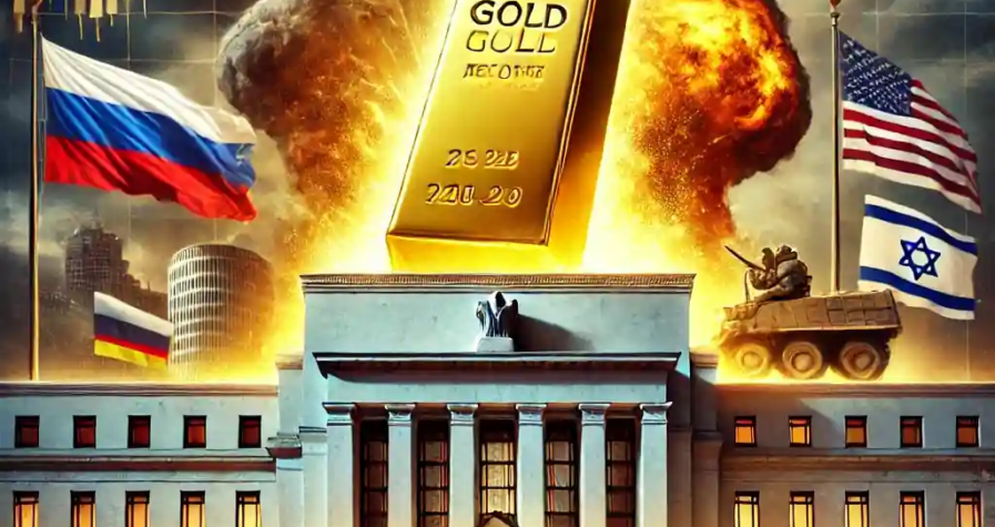 Illustration of a glowing gold bar rising through a stormy sky with geopolitical conflict in the background and traders watching.