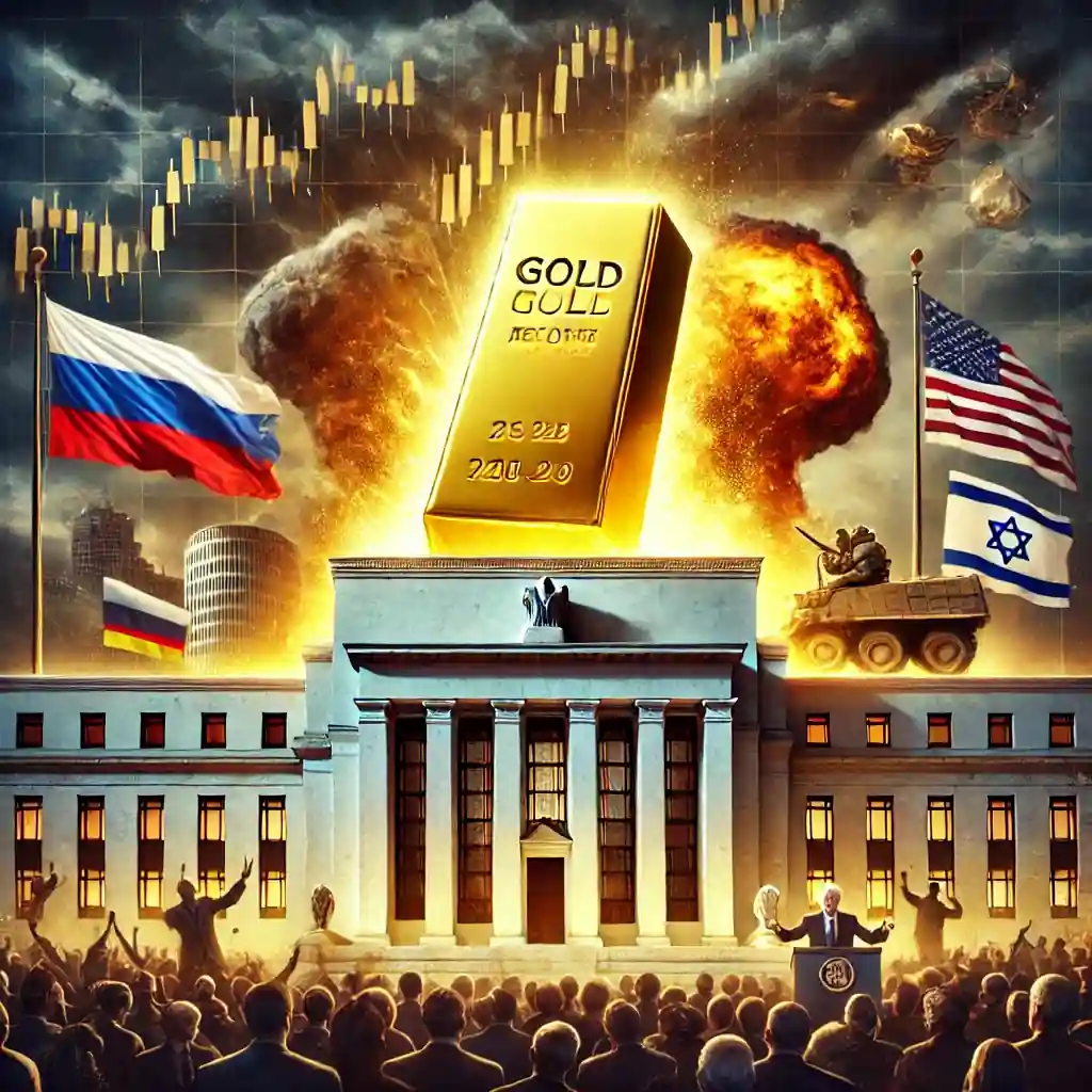 Illustration of a glowing gold bar rising through a stormy sky with geopolitical conflict in the background and traders watching.