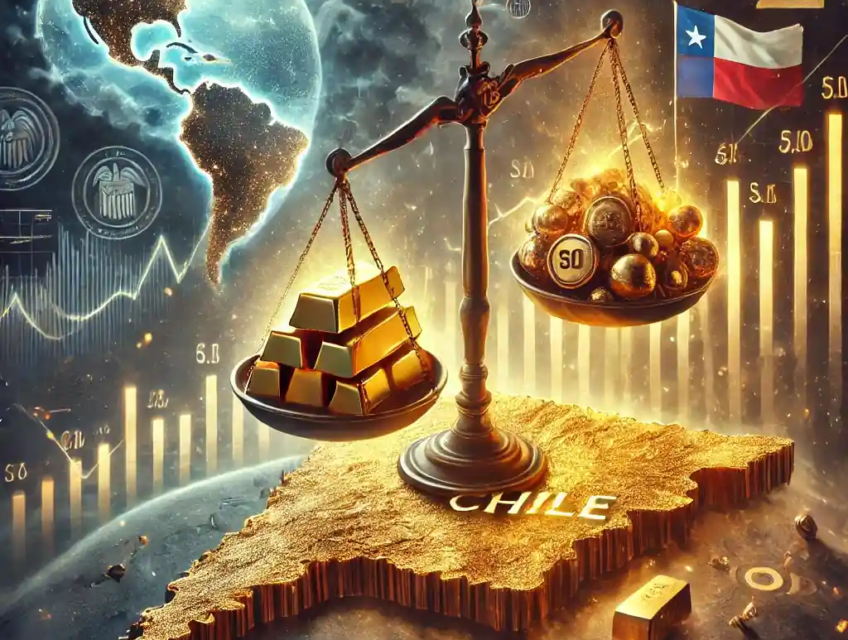 A symbolic digital illustration of Chile’s economic policy and gold’s rise, showing a golden scale balancing gold bars, the Chilean peso, and copper under global market stress.