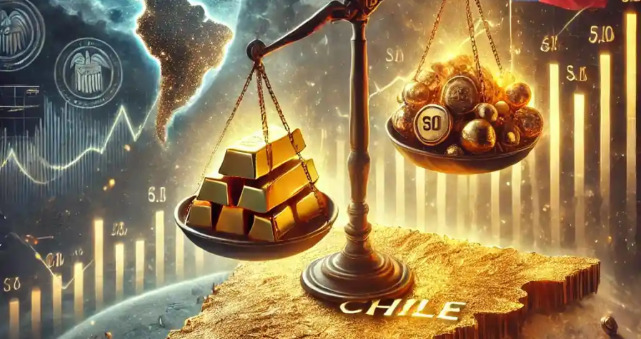 A symbolic digital illustration of Chile’s economic policy and gold’s rise, showing a golden scale balancing gold bars, the Chilean peso, and copper under global market stress.