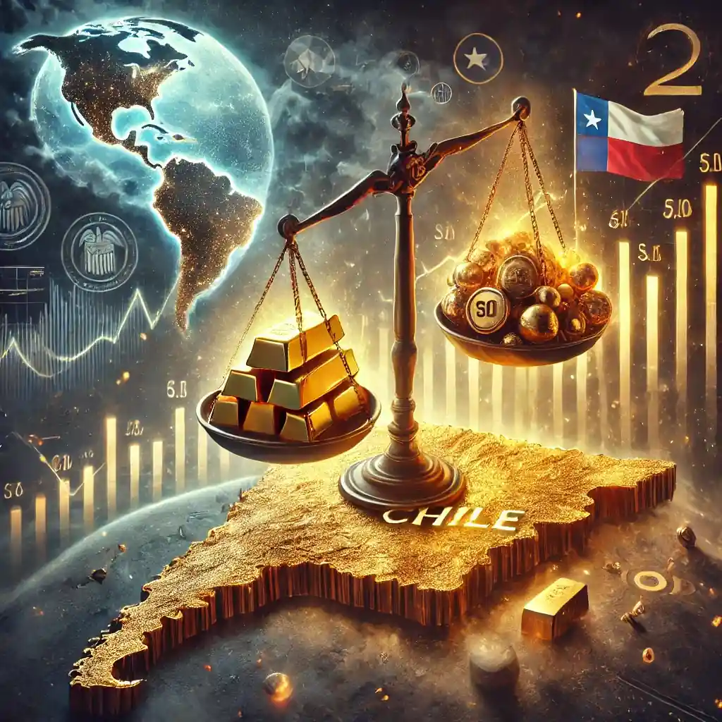 A symbolic digital illustration of Chile’s economic policy and gold’s rise, showing a golden scale balancing gold bars, the Chilean peso, and copper under global market stress.