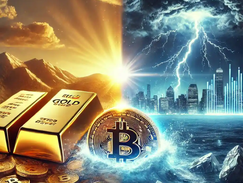 Illustration showing a glowing gold bar symbolizing stability while a cracked Bitcoin sinks into a stormy ocean.