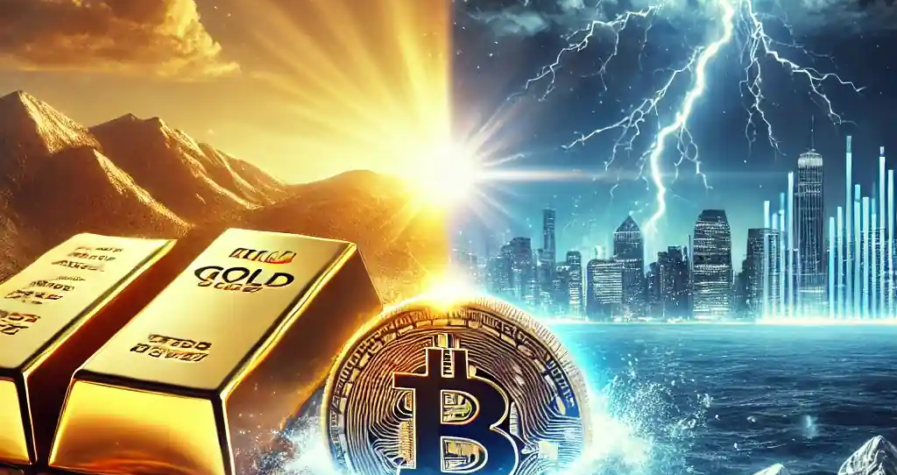 Illustration showing a glowing gold bar symbolizing stability while a cracked Bitcoin sinks into a stormy ocean.