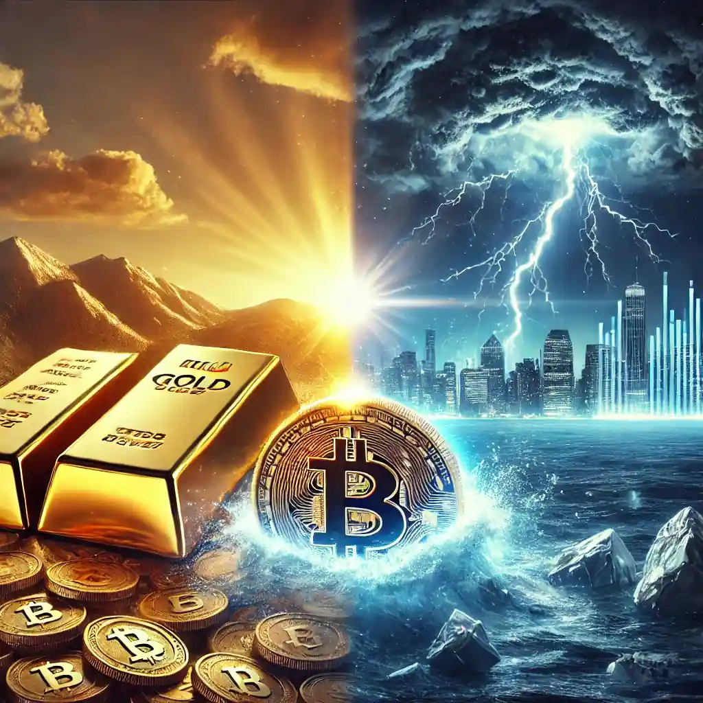 Illustration showing a glowing gold bar symbolizing stability while a cracked Bitcoin sinks into a stormy ocean.