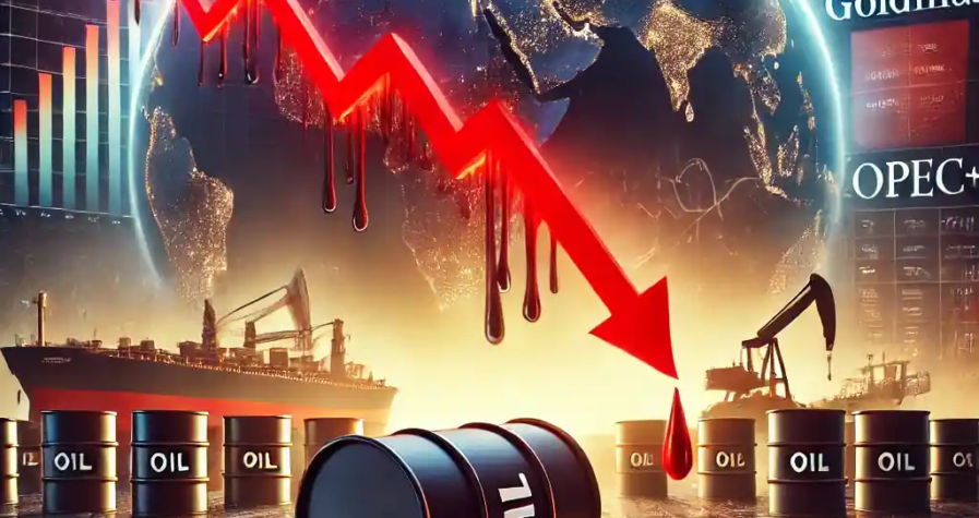 Dramatic digital illustration showing falling oil prices with oil barrels, a downward red graph, and global market symbols.