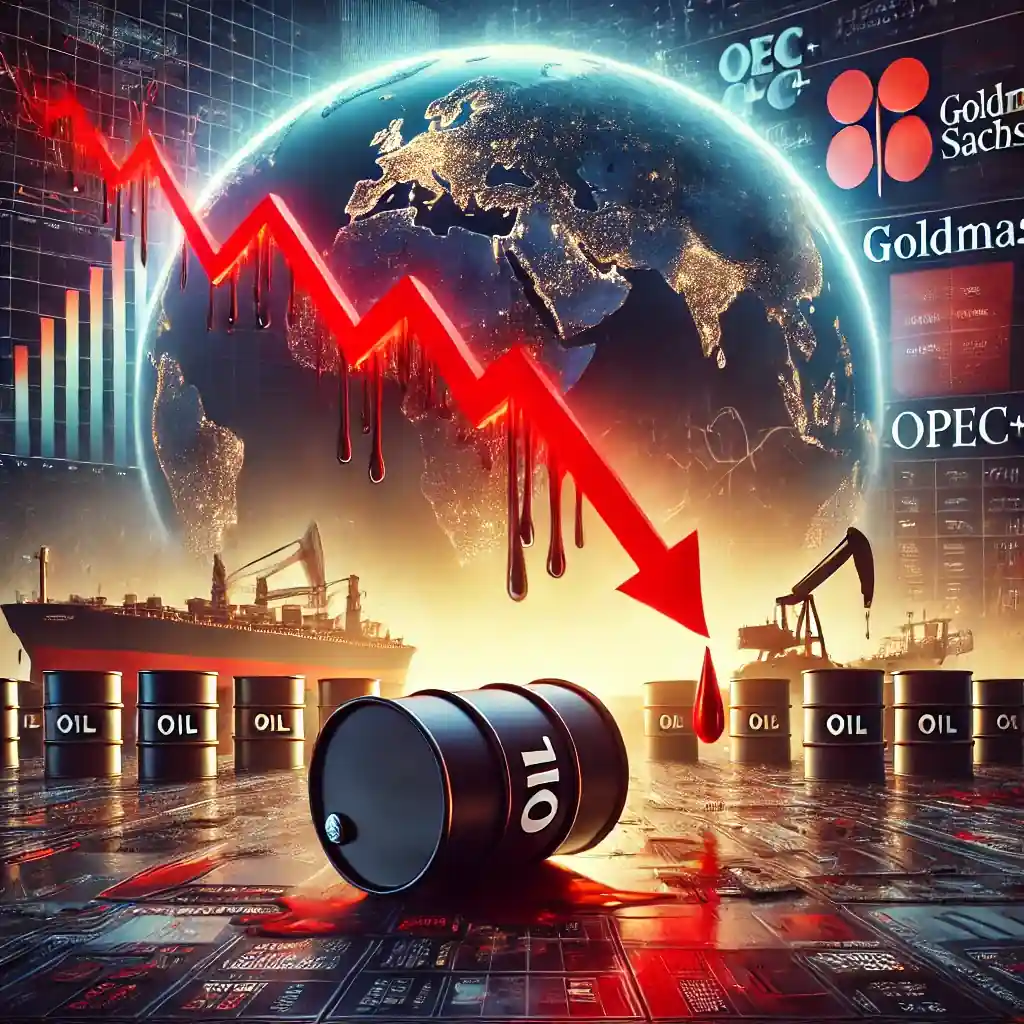 Dramatic digital illustration showing falling oil prices with oil barrels, a downward red graph, and global market symbols.