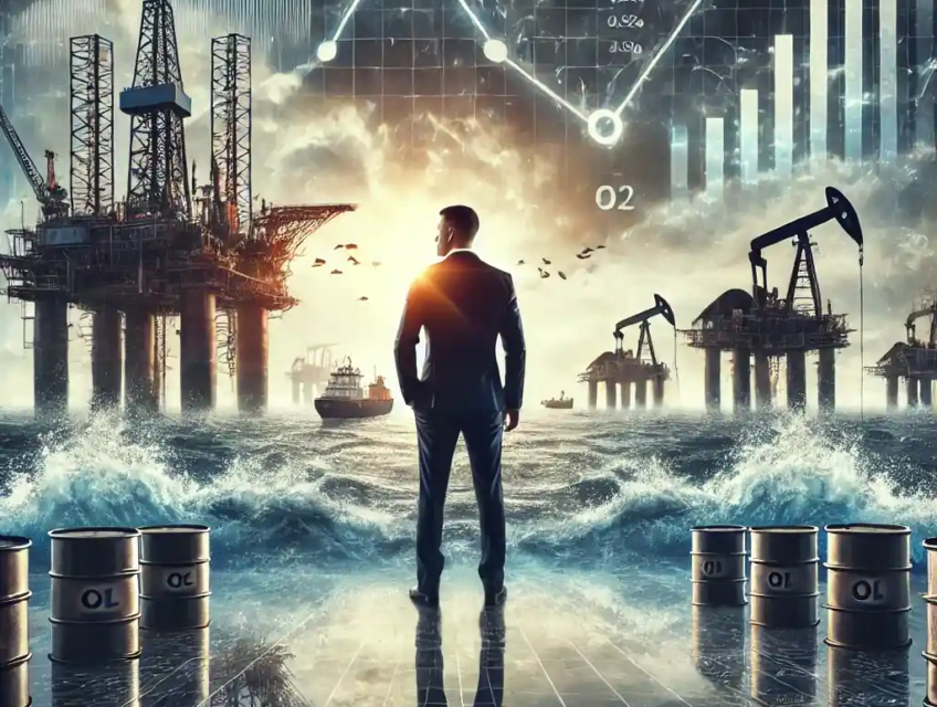 A digital illustration symbolizing Gunvor's executive changes and oil market turmoil, featuring oil rigs, charts, and stormy seas.