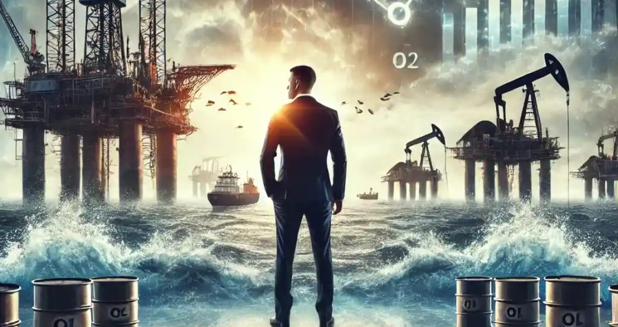 A digital illustration symbolizing Gunvor's executive changes and oil market turmoil, featuring oil rigs, charts, and stormy seas.