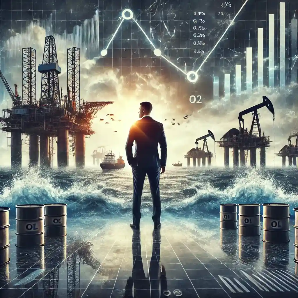 A digital illustration symbolizing Gunvor's executive changes and oil market turmoil, featuring oil rigs, charts, and stormy seas.