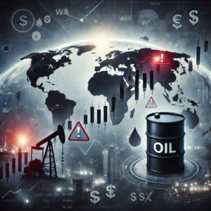 Illustration symbolique de l’incertitude mondiale sur le marché du pétrole avec des barils, un graphique de prix instable et des tensions géopolitiques.