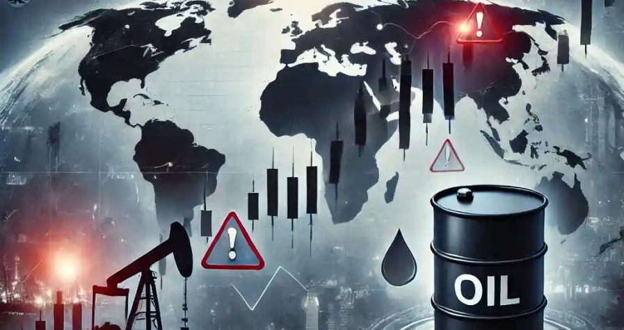 Illustration symbolique de l’incertitude mondiale sur le marché du pétrole avec des barils, un graphique de prix instable et des tensions géopolitiques.