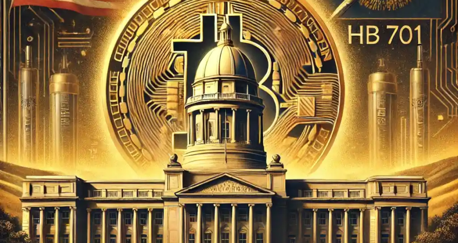 A dramatic digital illustration of Kentucky’s Capitol building with a golden Bitcoin on a pedestal, symbolizing the state's new Bitcoin rights law.