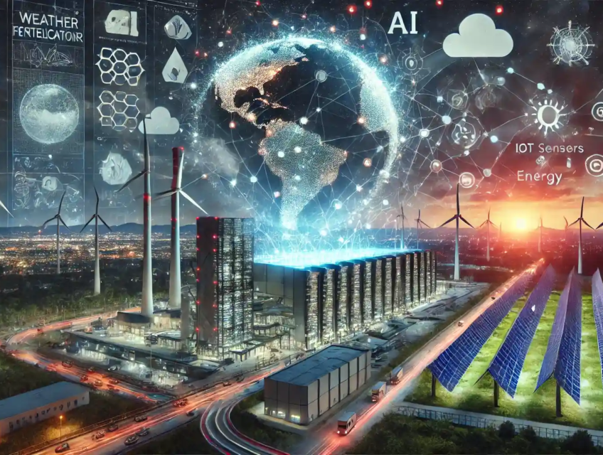 Illustration futuriste montrant l'intégration de l'intelligence artificielle dans les prévisions météorologiques et le marché de l'énergie, avec un supercalculateur, un réseau de données et des infrastructures énergétiques renouvelables.
