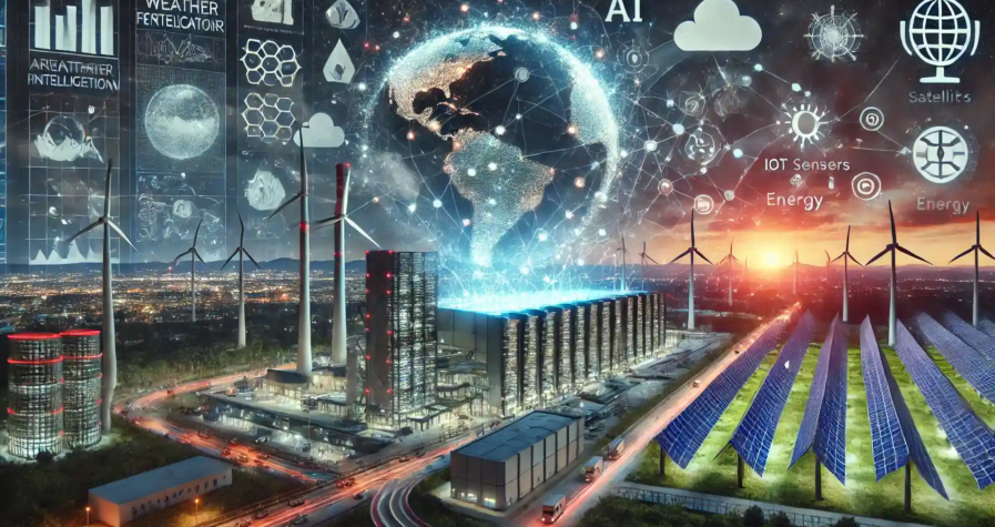 Illustration futuriste montrant l'intégration de l'intelligence artificielle dans les prévisions météorologiques et le marché de l'énergie, avec un supercalculateur, un réseau de données et des infrastructures énergétiques renouvelables.