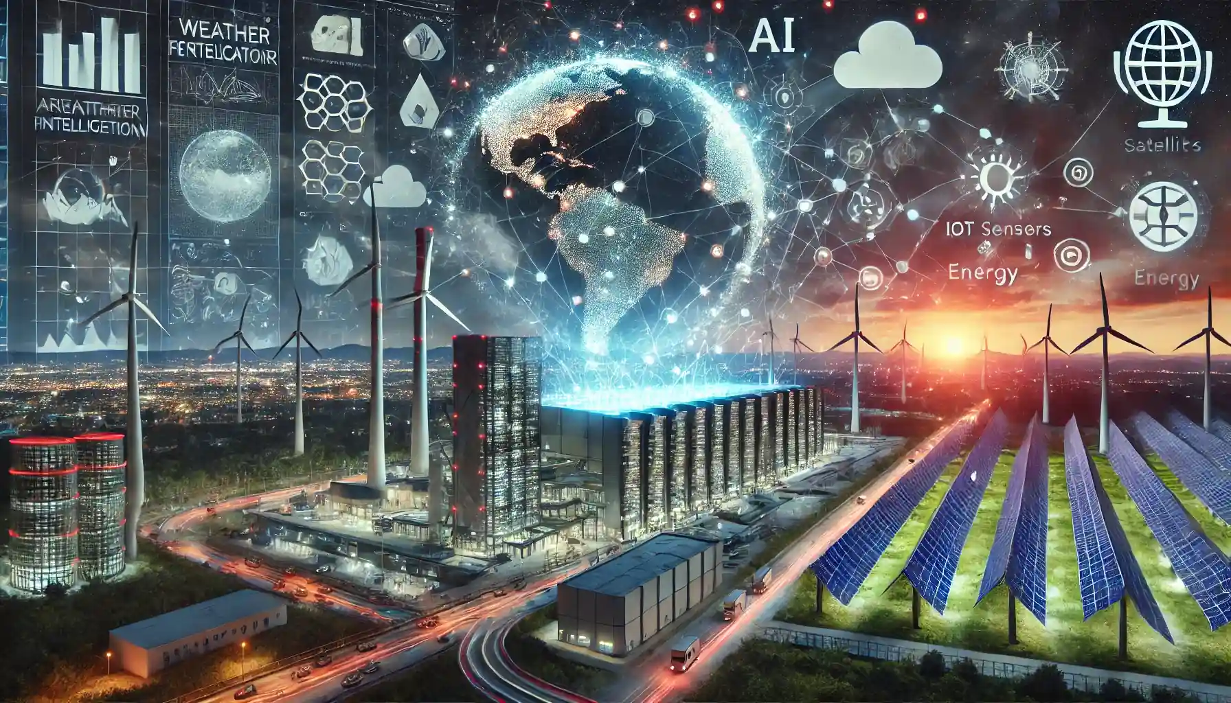 Illustration futuriste montrant l'intégration de l'intelligence artificielle dans les prévisions météorologiques et le marché de l'énergie, avec un supercalculateur, un réseau de données et des infrastructures énergétiques renouvelables.