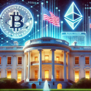 Illustration futuriste de la Maison Blanche illuminée par des néons, avec des logos de Bitcoin, Ethereum et Solana dans le ciel, symbolisant l'adoption des crypto-monnaies par le gouvernement américain.