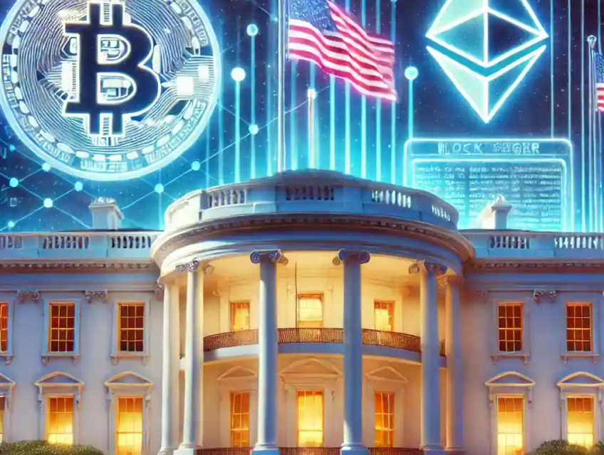 Illustration futuriste de la Maison Blanche illuminée par des néons, avec des logos de Bitcoin, Ethereum et Solana dans le ciel, symbolisant l'adoption des crypto-monnaies par le gouvernement américain.