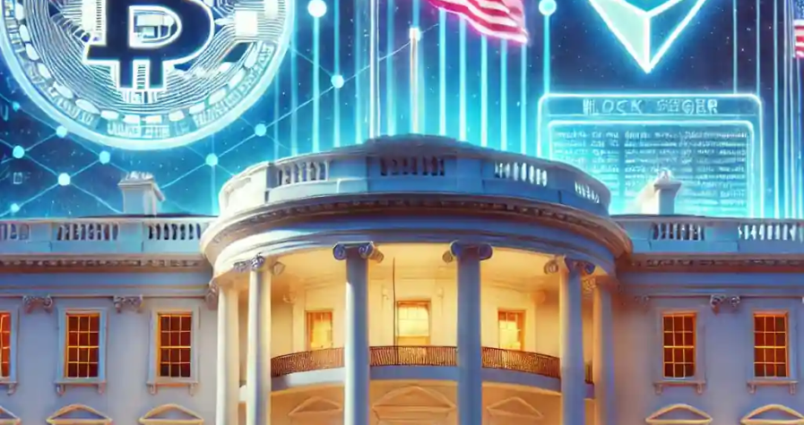 Illustration futuriste de la Maison Blanche illuminée par des néons, avec des logos de Bitcoin, Ethereum et Solana dans le ciel, symbolisant l'adoption des crypto-monnaies par le gouvernement américain.