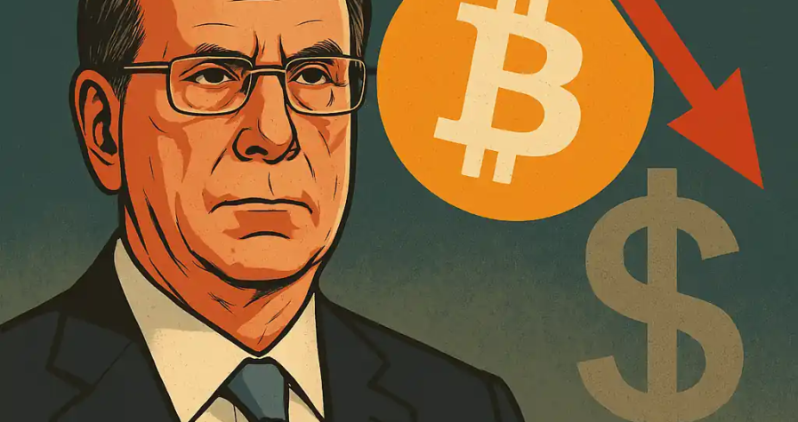 Illustration of BlackRock CEO Larry Fink with Bitcoin and U.S. dollar symbols, warning of Bitcoin’s potential to replace the dollar.