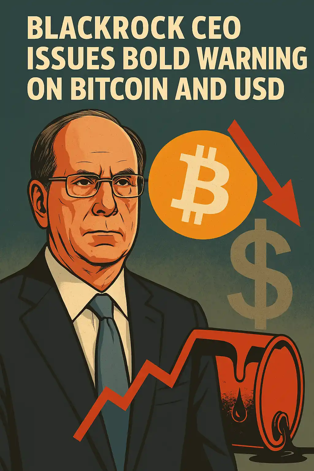 Illustration of BlackRock CEO Larry Fink with Bitcoin and U.S. dollar symbols, warning of Bitcoin’s potential to replace the dollar.