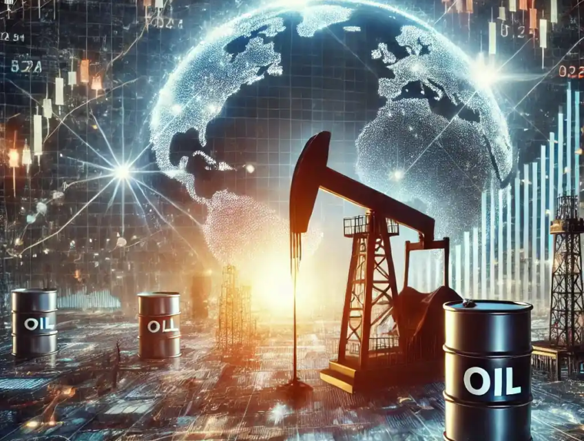 Une illustration détaillée montrant un marché pétrolier en reprise après une forte baisse, avec une plateforme pétrolière au premier plan et des graphiques financiers en arrière-plan.