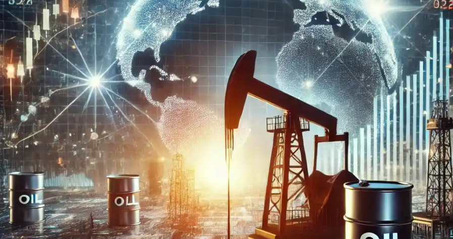 Une illustration détaillée montrant un marché pétrolier en reprise après une forte baisse, avec une plateforme pétrolière au premier plan et des graphiques financiers en arrière-plan.