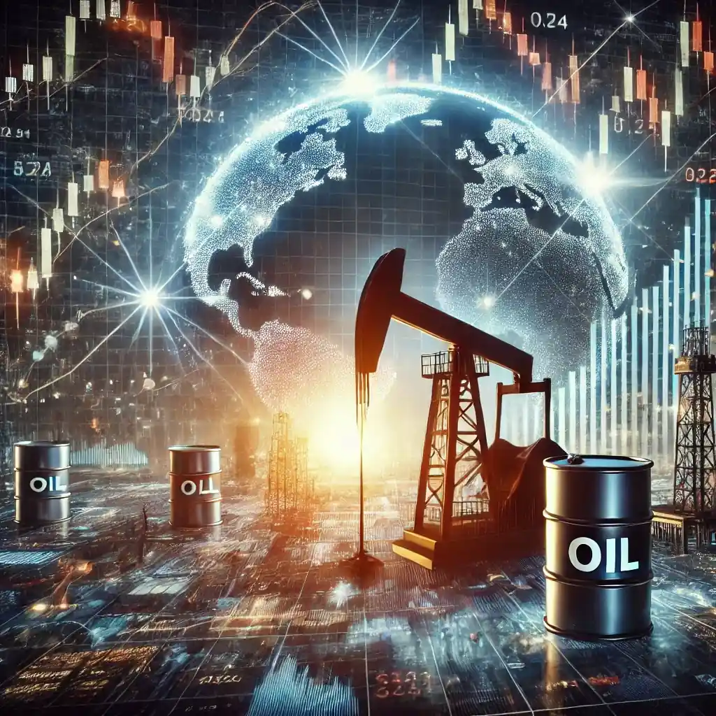 Une illustration détaillée montrant un marché pétrolier en reprise après une forte baisse, avec une plateforme pétrolière au premier plan et des graphiques financiers en arrière-plan.
