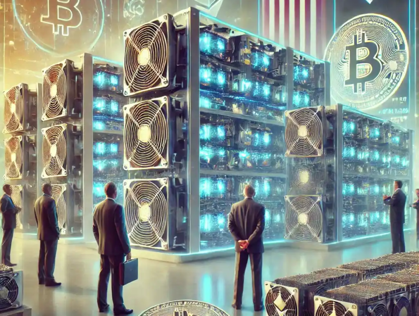 Illustration futuriste montrant la libération d’équipements de minage de cryptomonnaies par les autorités américaines, avec des hologrammes de Bitcoin et Ethereum.