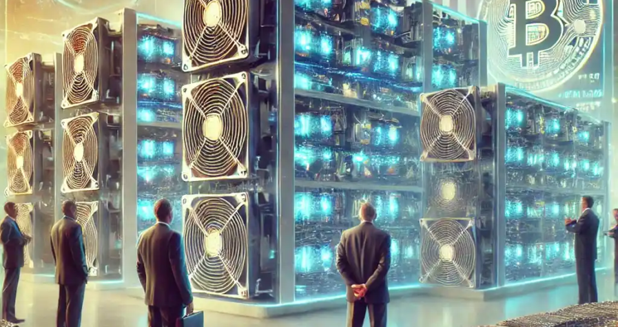 Illustration futuriste montrant la libération d’équipements de minage de cryptomonnaies par les autorités américaines, avec des hologrammes de Bitcoin et Ethereum.