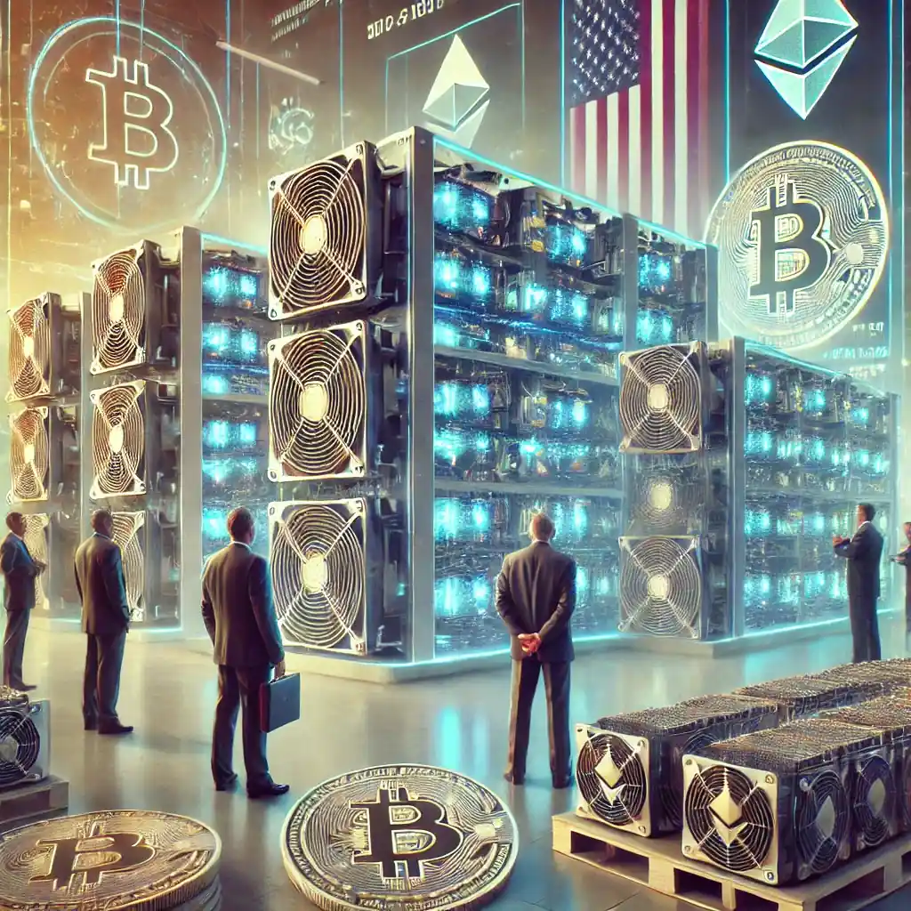 Illustration futuriste montrant la libération d’équipements de minage de cryptomonnaies par les autorités américaines, avec des hologrammes de Bitcoin et Ethereum.