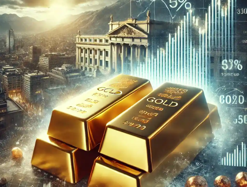 Illustration symbolique représentant l’or comme valeur refuge dans un contexte d’instabilité économique mondiale et de tensions monétaires au Chili.