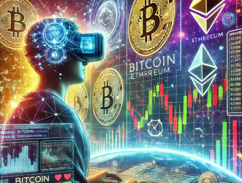 Illustration d'un marché des crypto-monnaies fluctuant avec un trader en réalité virtuelle analysant les tendances du Bitcoin, Ethereum et Dogecoin sur un écran boursier futuriste.