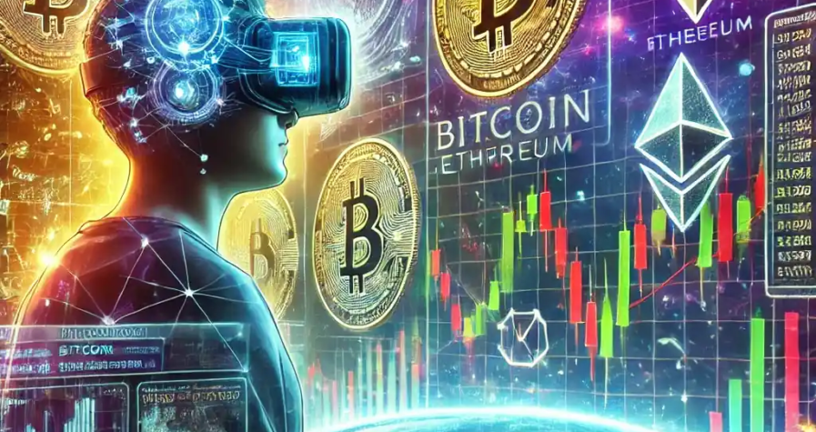 Illustration d'un marché des crypto-monnaies fluctuant avec un trader en réalité virtuelle analysant les tendances du Bitcoin, Ethereum et Dogecoin sur un écran boursier futuriste.